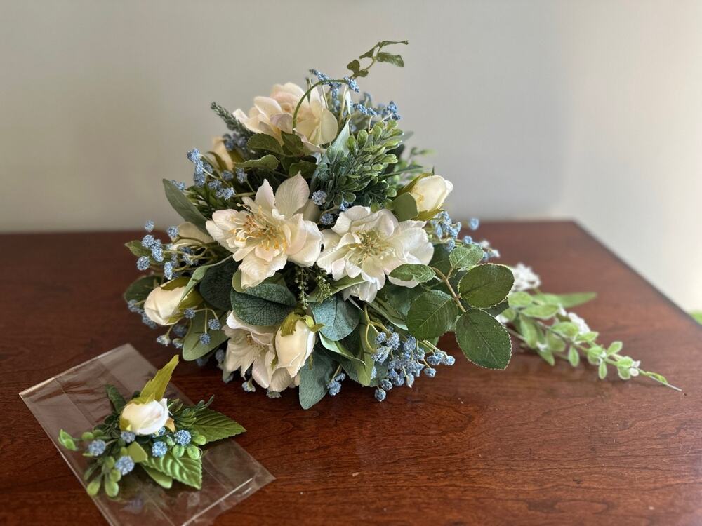 Handmade Wedding Cascade bouquet and boutenniere set white blue flowers
